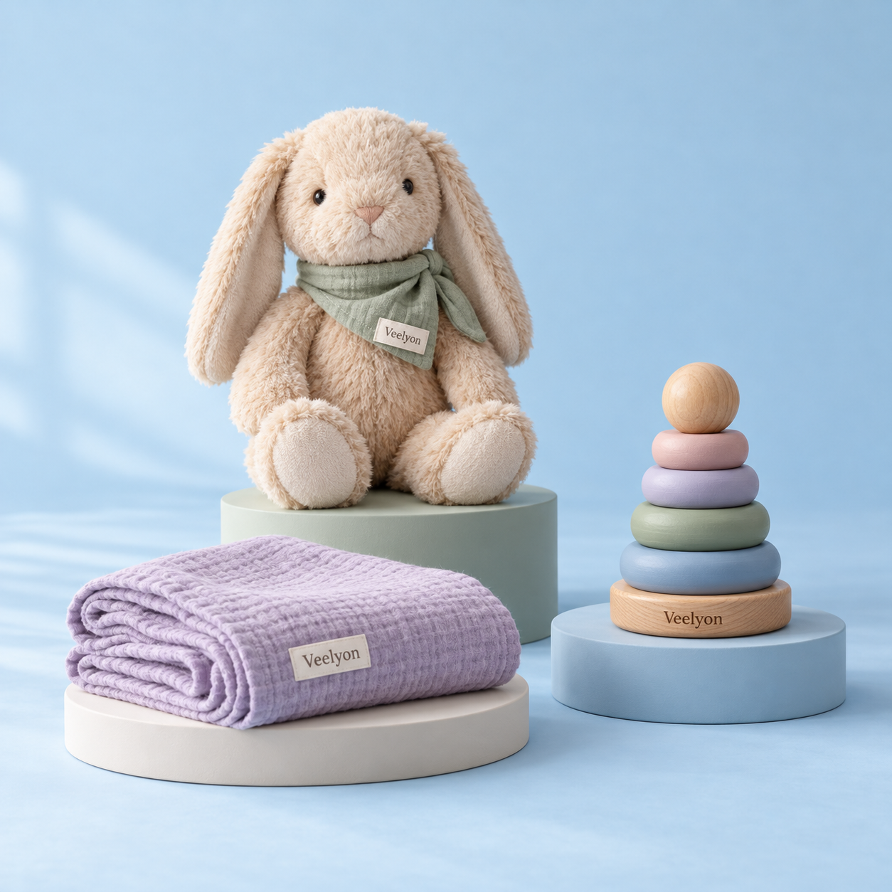 AI-generated product concept: a Veelyon bunny, muslin blanket, and stacking rings